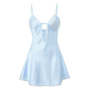 Blue Gingham Satin Sleep Dress