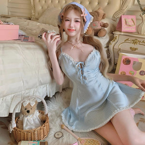 Blue Gingham Satin Sleep Dress