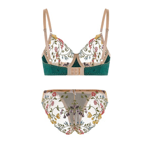 Green Floral Embroidered Lingerie Set