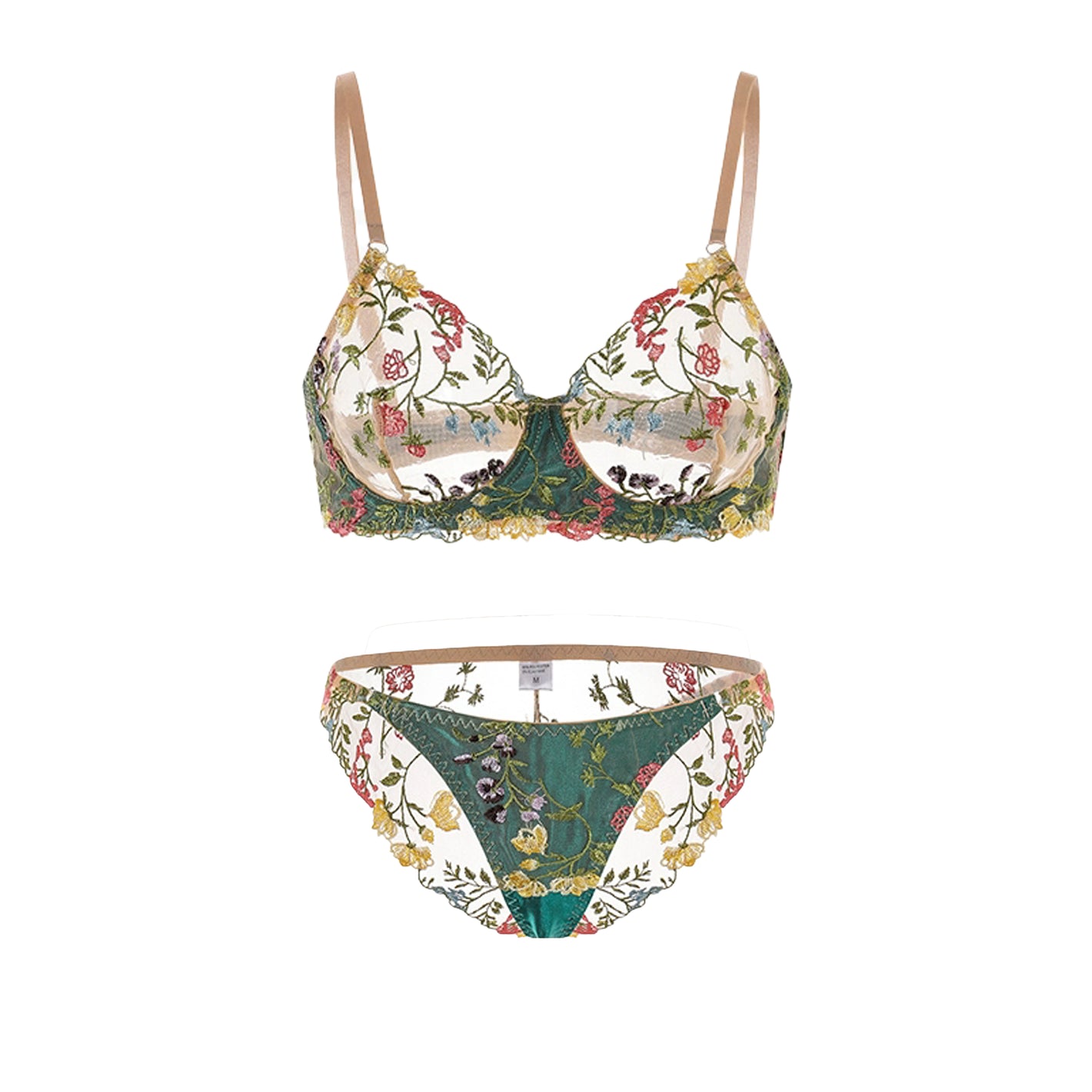 Green Floral Embroidered Lingerie Set