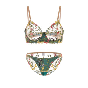 Green Floral Embroidered Lingerie Set