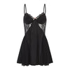 Backless Lace Panel Satin Slip Dress - Black