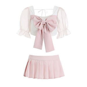 Sheer Bow Puff Sleeve Uniform Set